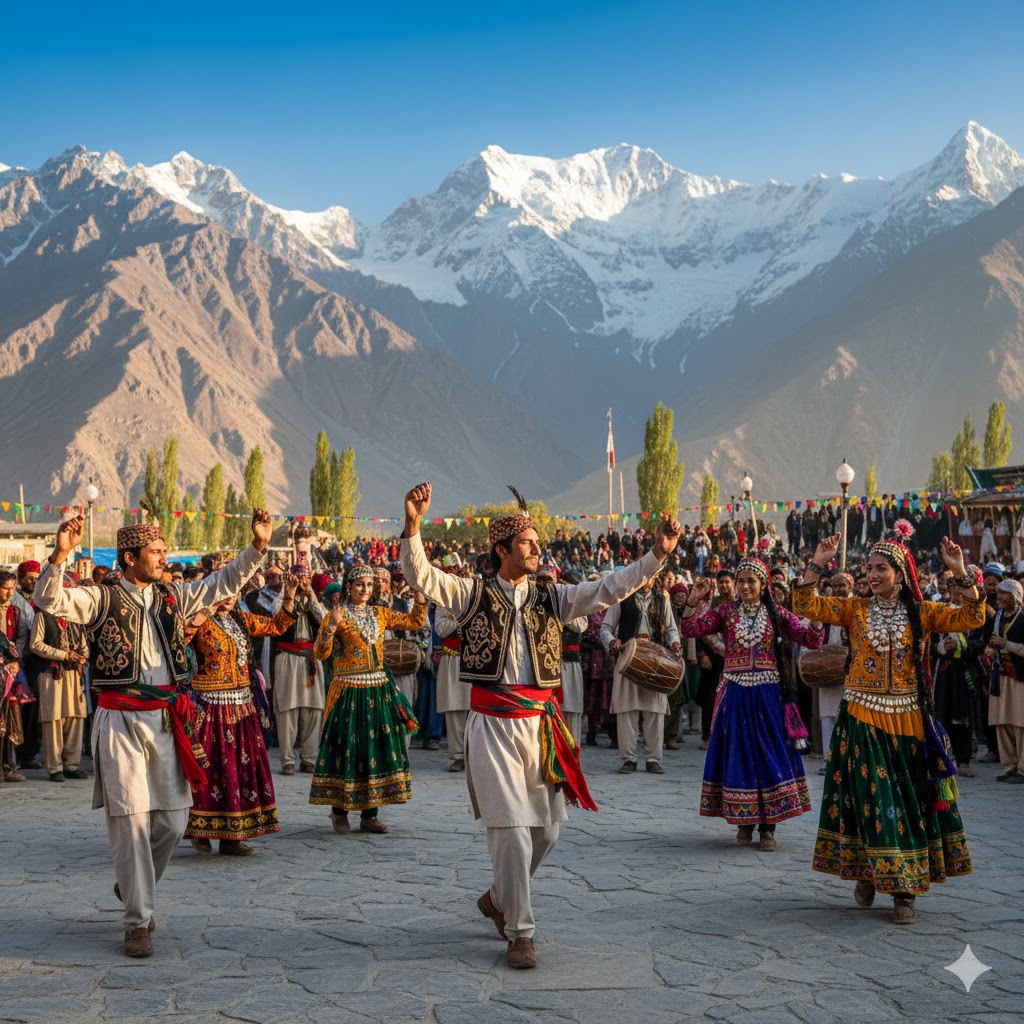 Hunza locals dancing in traditional dress during Hunza Cultural Festival