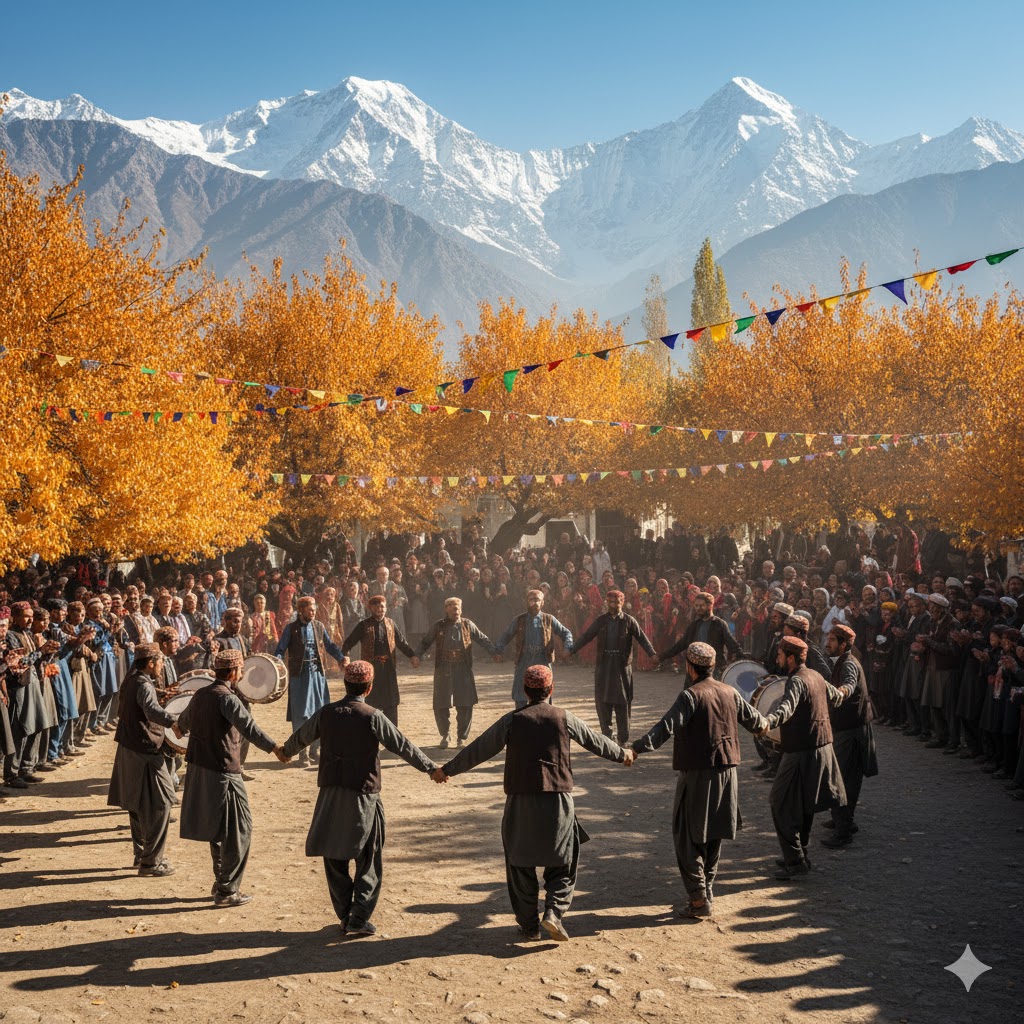 Hunza locals performing Damal dance under apricot trees during Ginani Festival celebrations