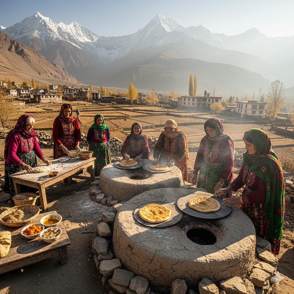 Hunza women preparing traditional bread “Phitti” on stone ovens