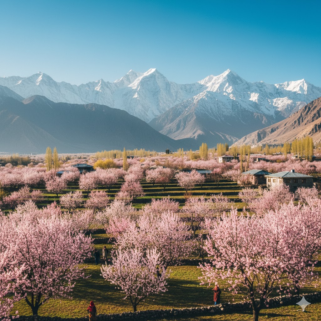 Hunza’s apricot trees in full bloom during Spring Blossom Festival 2026 under snow-capped mountains