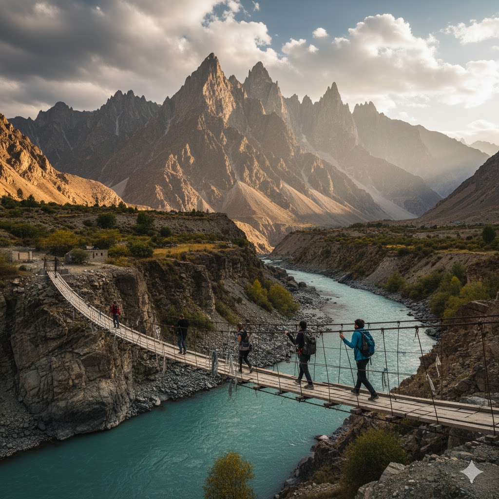 Hussaini Suspension Bridge over Hunza River with Passu Cones in background