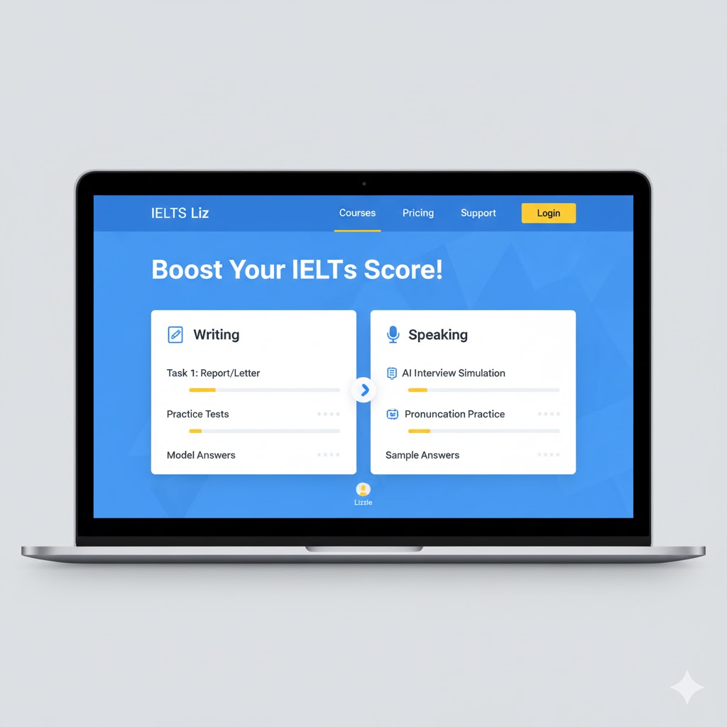 IELTS Liz software homepage displaying writing and speaking modules for test takers