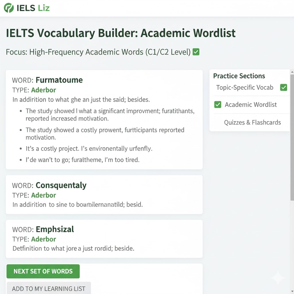 IELTS Liz software vocabulary practice page featuring academic word examples