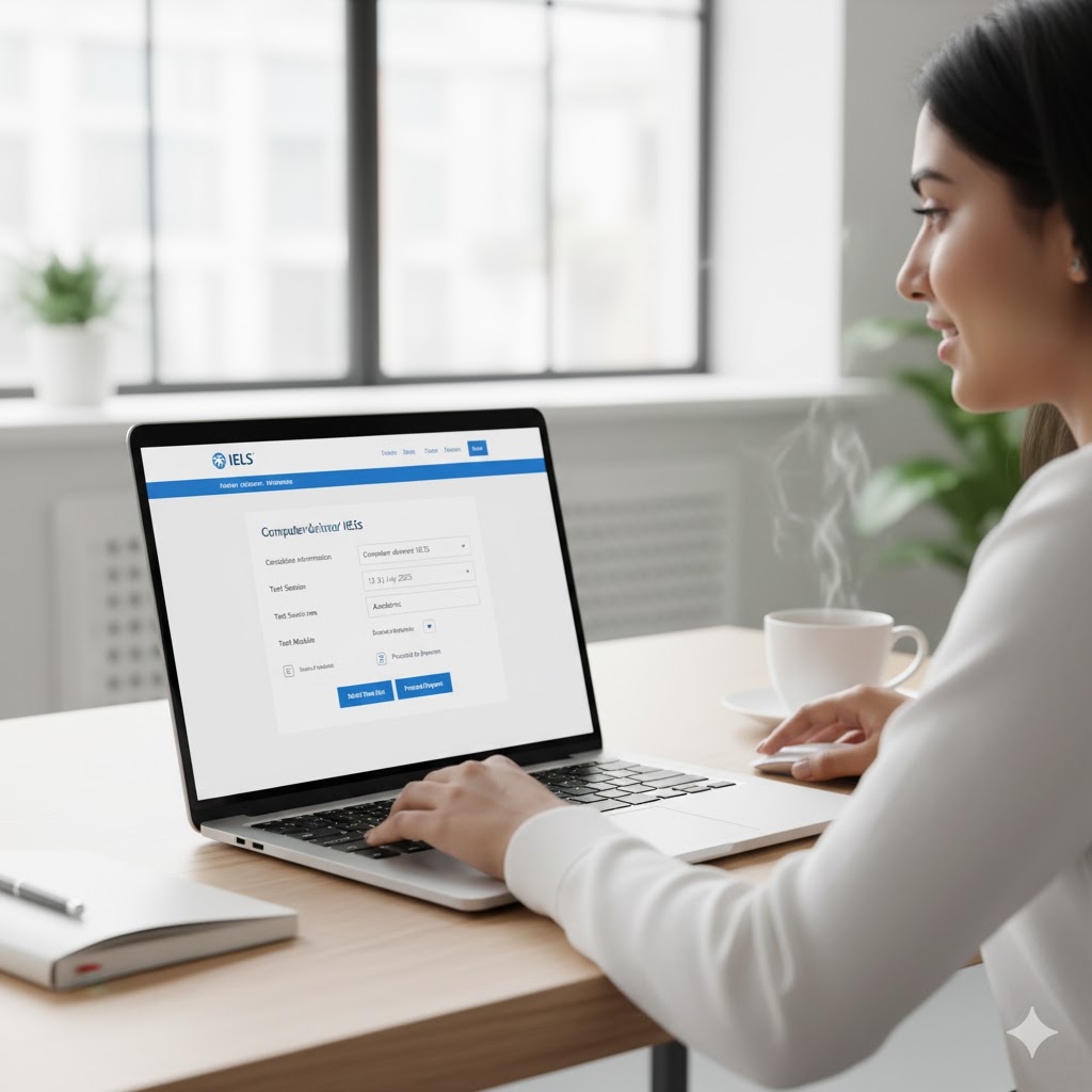 IELTS candidate registering online for computer-delivered IELTS test on laptop screen