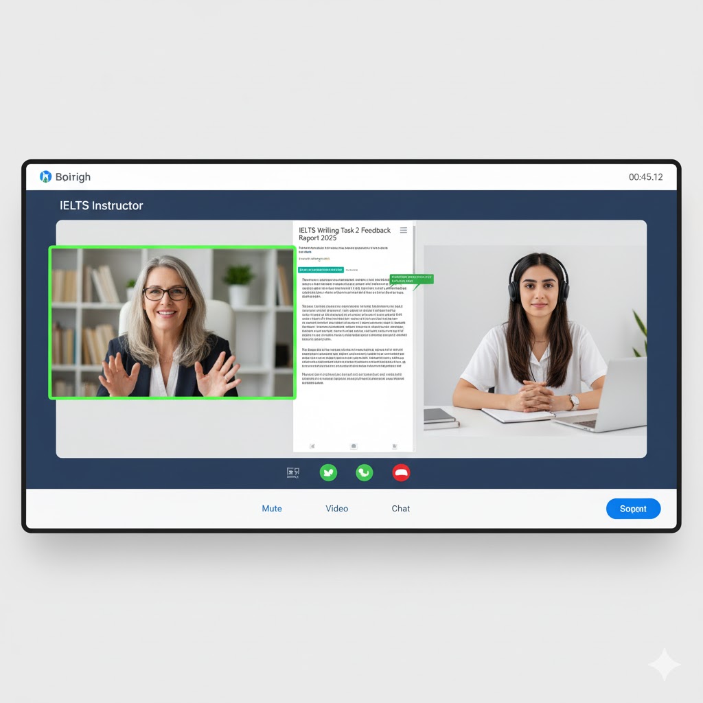 IELTS instructor giving feedback to a student during online class 2025