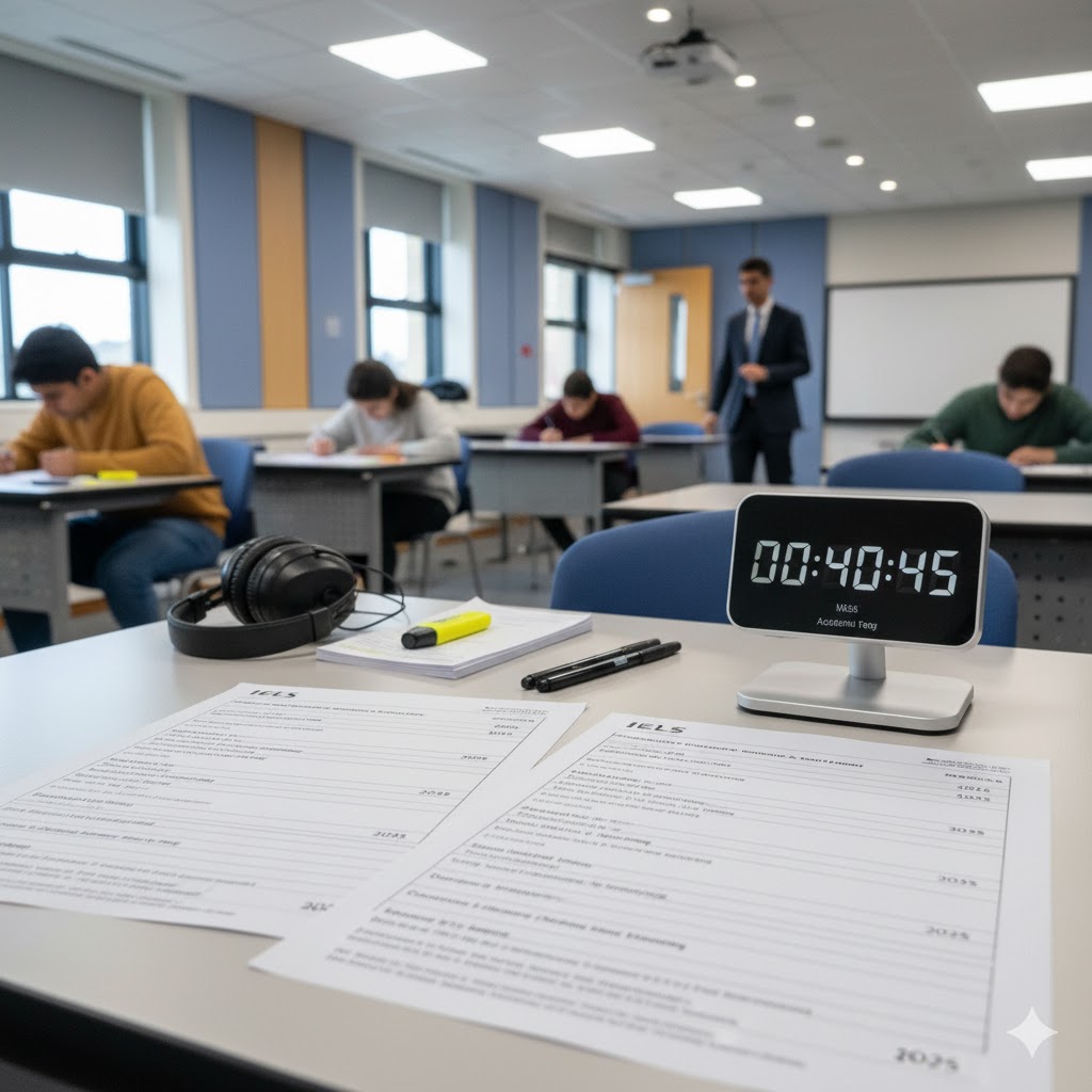 IELTS mock test environment with timer and answer sheets 2025