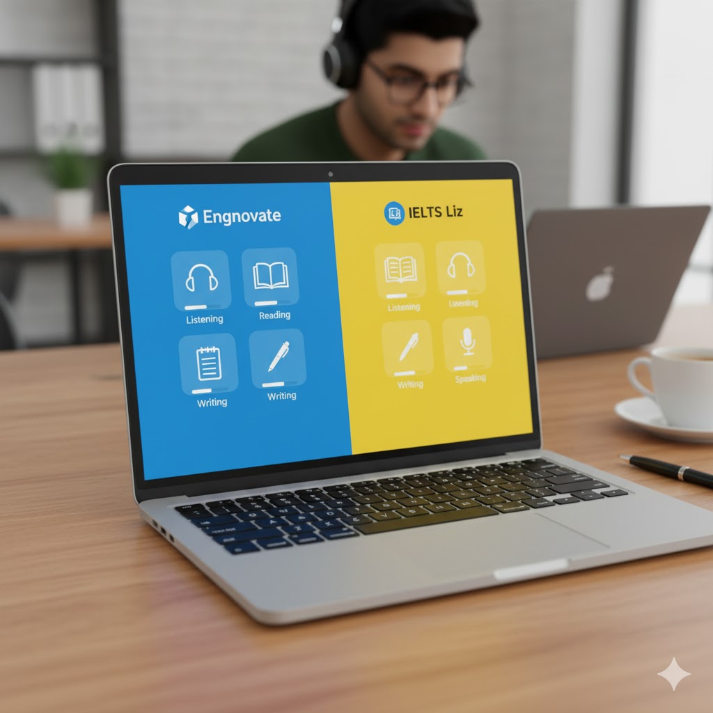 IELTS modules icons (Listening, Reading, Writing, Speaking) shown on a laptop with Engnovate and IELTS Liz open