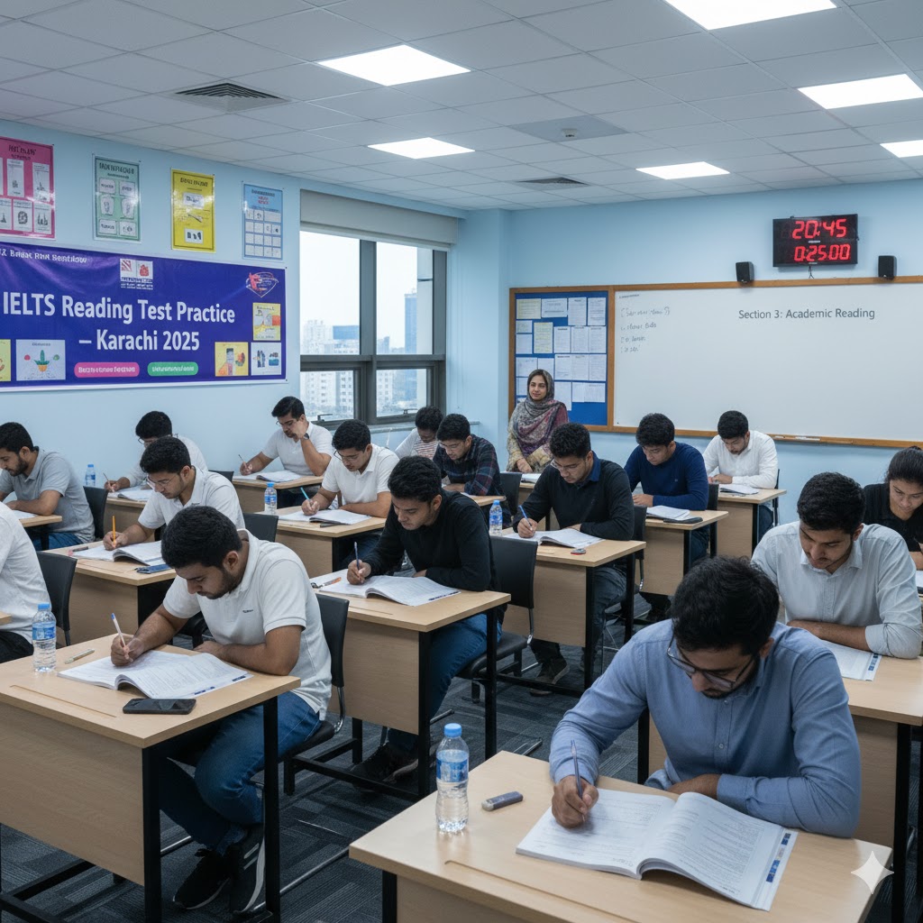 IELTS reading test time practice in Karachi – 2025 classroom