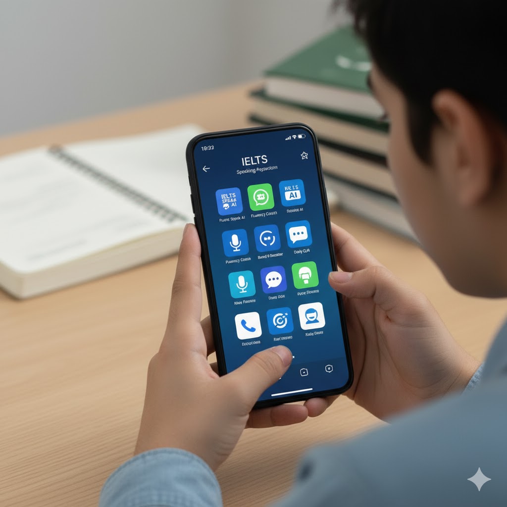 IELTS speaking apps displayed on student’s phone screen 2025