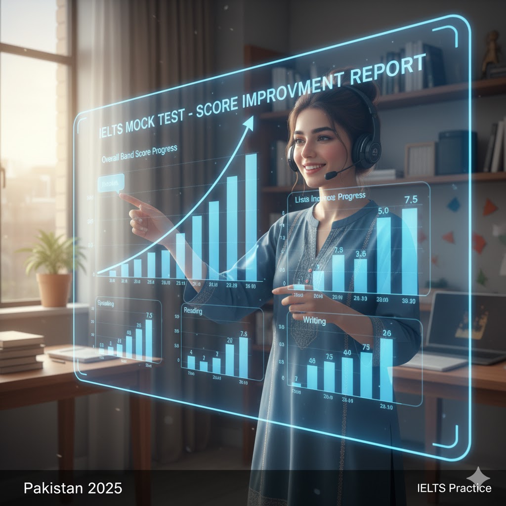 IELTS student checking mock test score improvement chart – Pakistan 2025