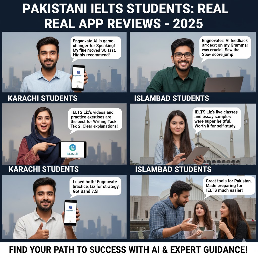 IELTS students from Karachi and Islamabad sharing real reviews of Engnovate and IELTS Liz apps