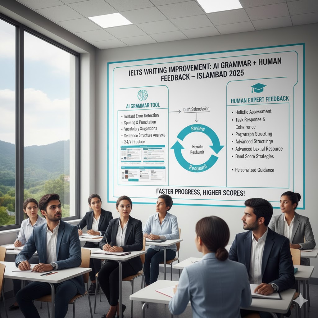 IELTS writing improvement with AI grammar and human feedback chart – Islamabad 2025