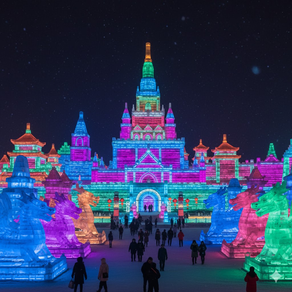 Ice sculptures glowing at Harbin Ice and Snow Festival.