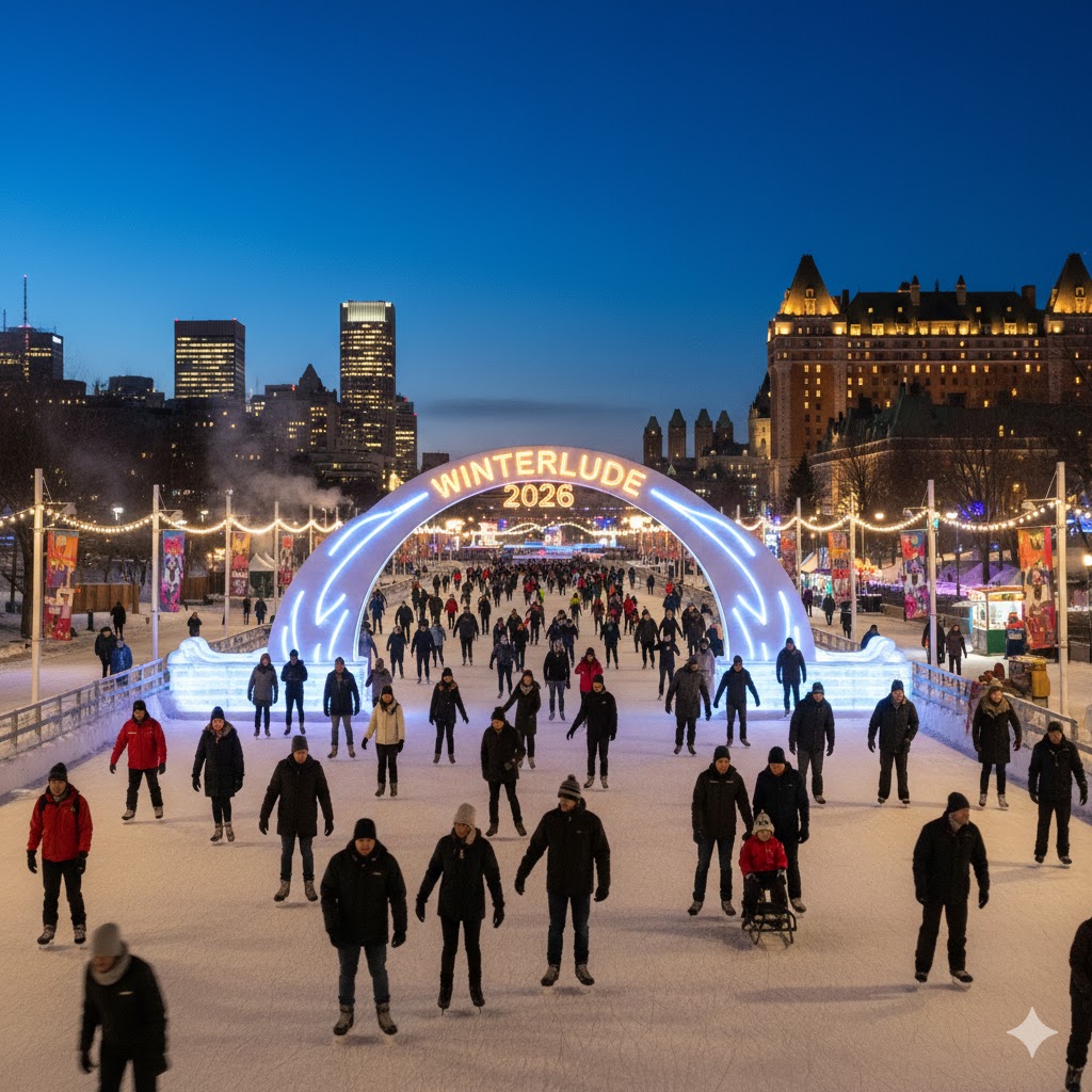 Ice skaters enjoying Winterlude 2026 on Ottawa’s frozen Rideau Canal