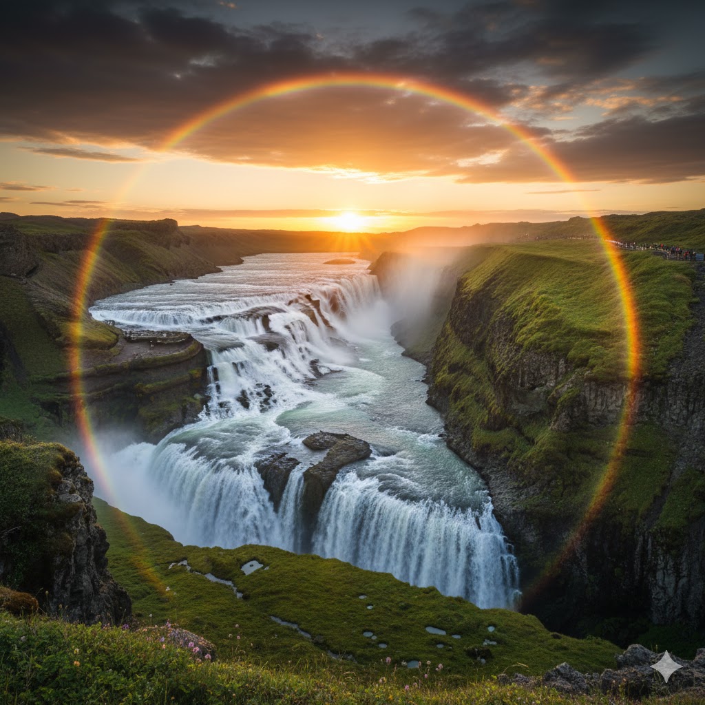 Iceland’s Gullfoss waterfall glowing under the midnight sun in July.