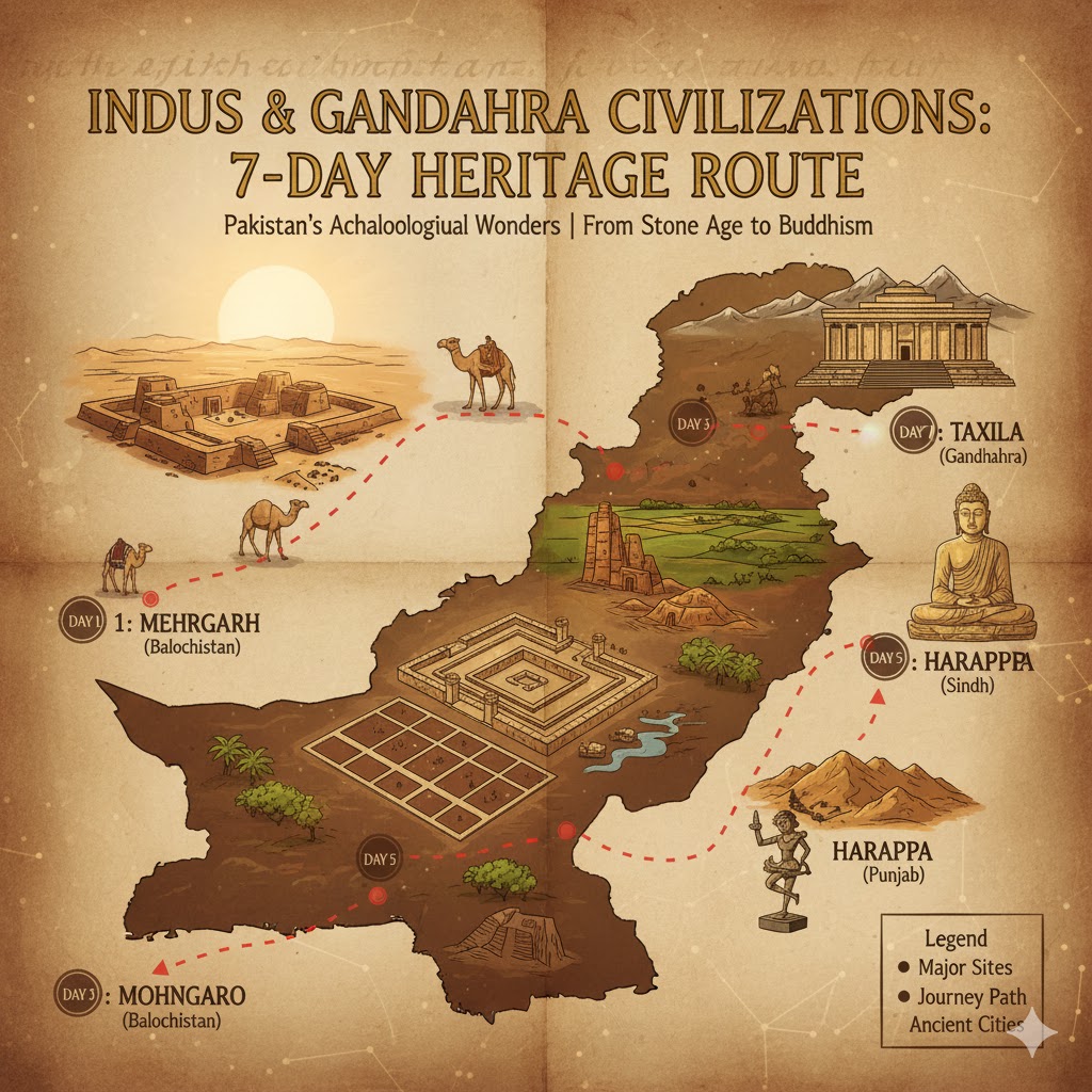 Illustrated 7-day map showing Mehrgarh, Harappa, Mohenjo-Daro, and Gandhara linked across Pakistan