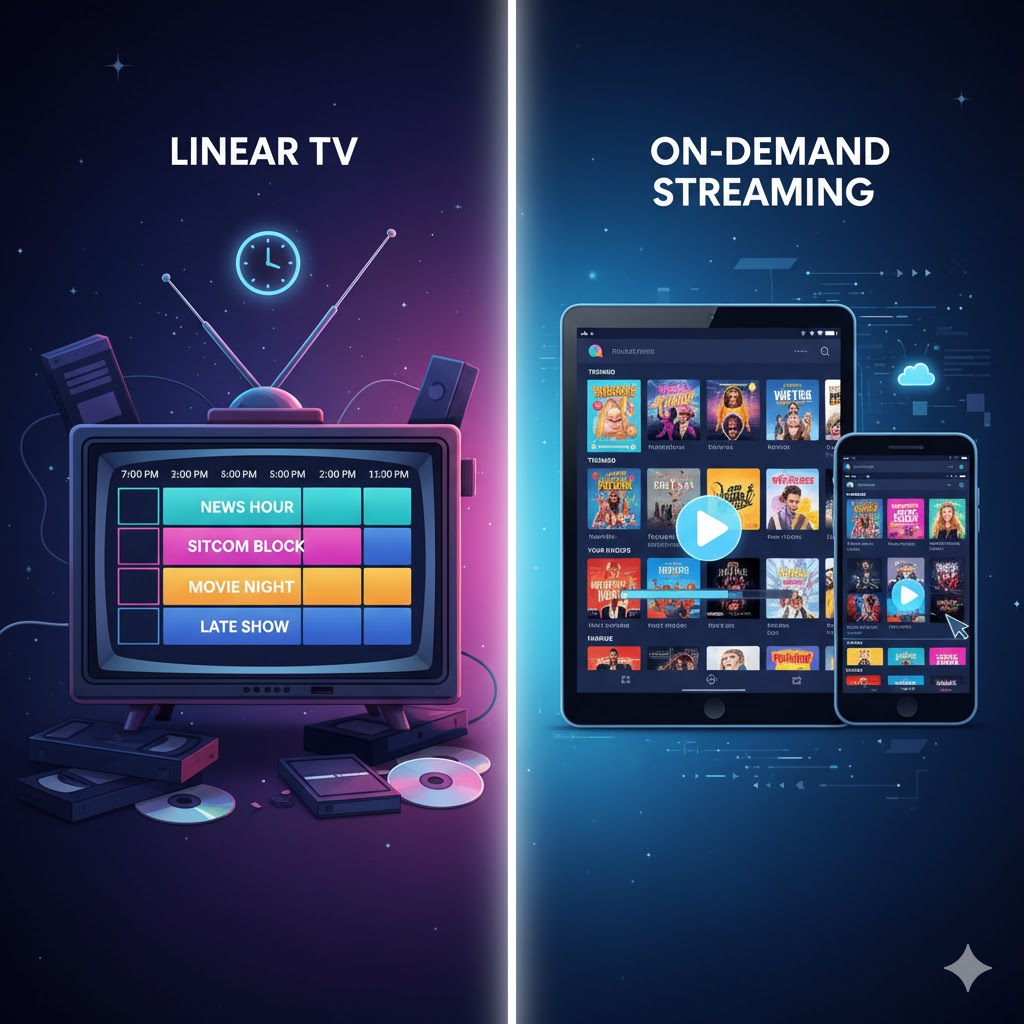 Illustration comparing linear TV schedule versus on-demand streaming timeline.
