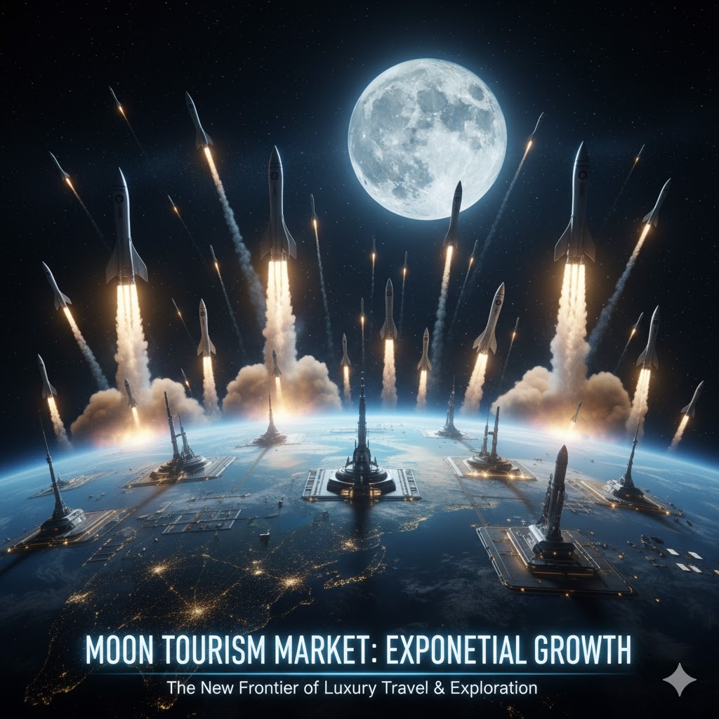 Illustration of moon tourism market growth showing rockets launching toward the moon