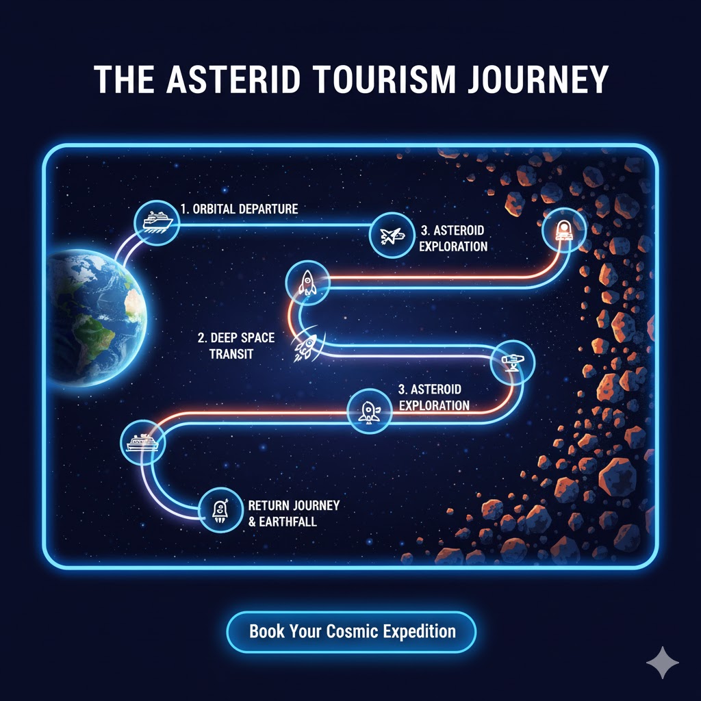 Illustration of space cruise route from Earth orbit to asteroid belt with labeled stages of asteroid tourism journey