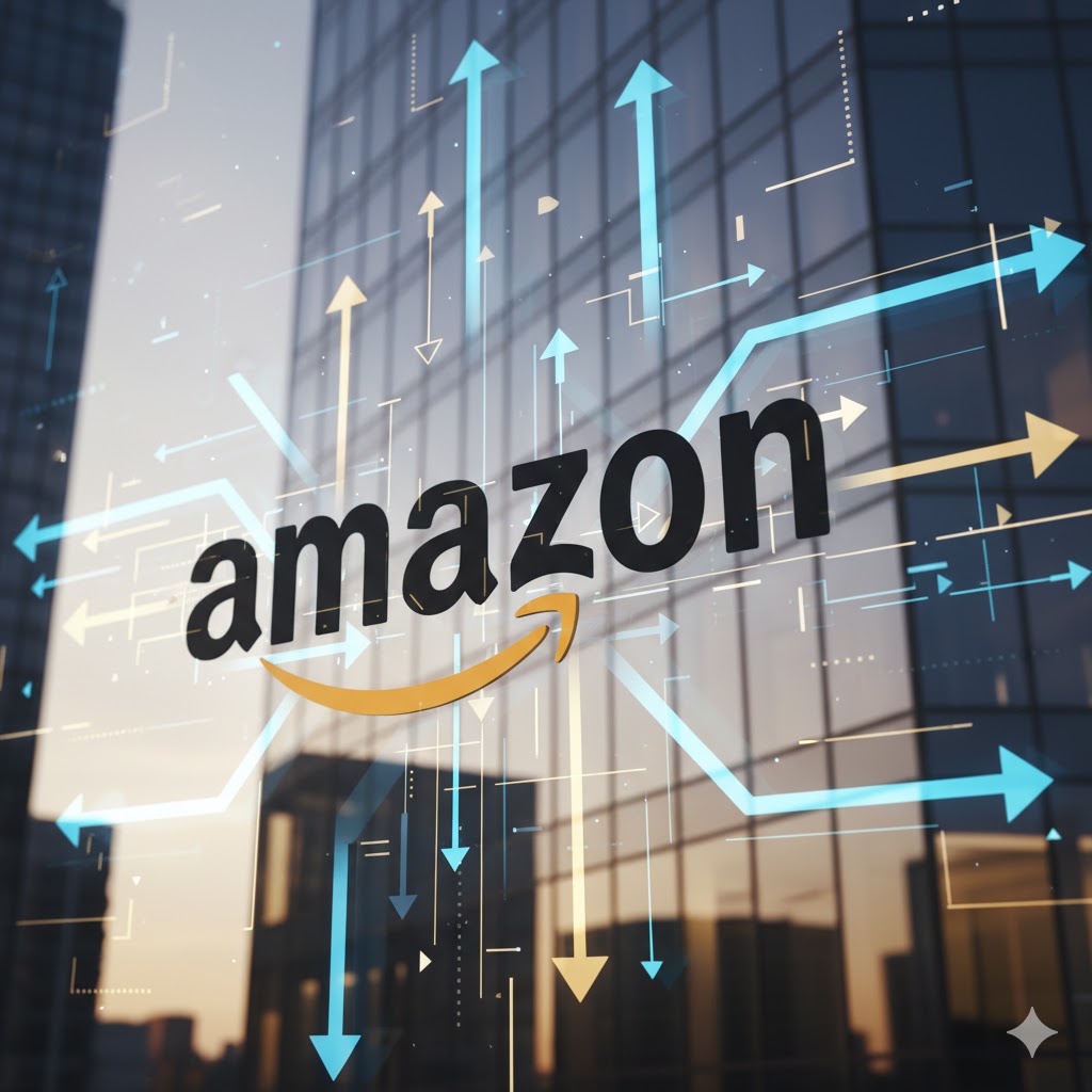  Illustration showing Amazon logo with abstract arrows representing corporate restructuring