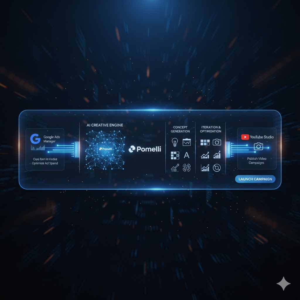  Illustration showing Pomelli connecting with Google Ads Manager and YouTube Studio