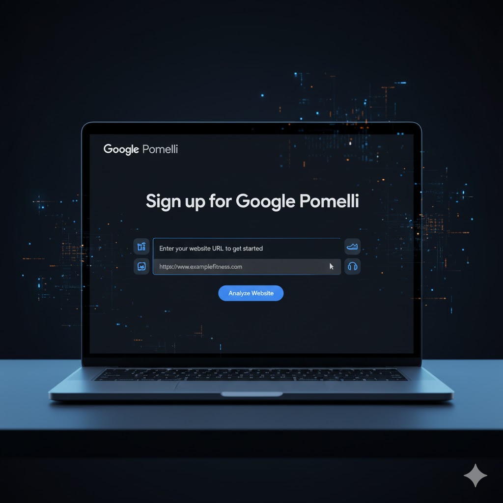  Illustration showing user entering their website URL on the Google Pomelli sign-up screen