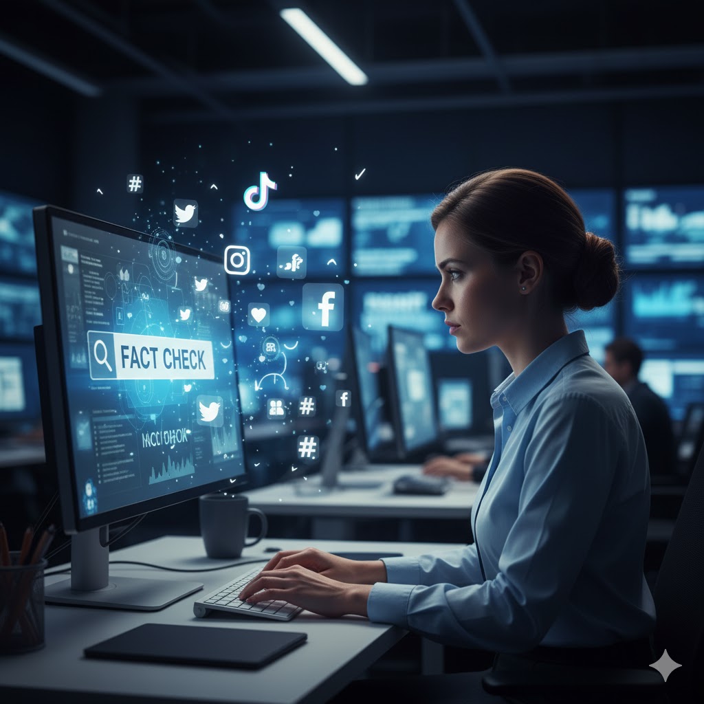 Image of journalist typing “fact check” in newsroom while social media icons float around. Image of journalist typing “fact check” in newsroom while social media icons float around.