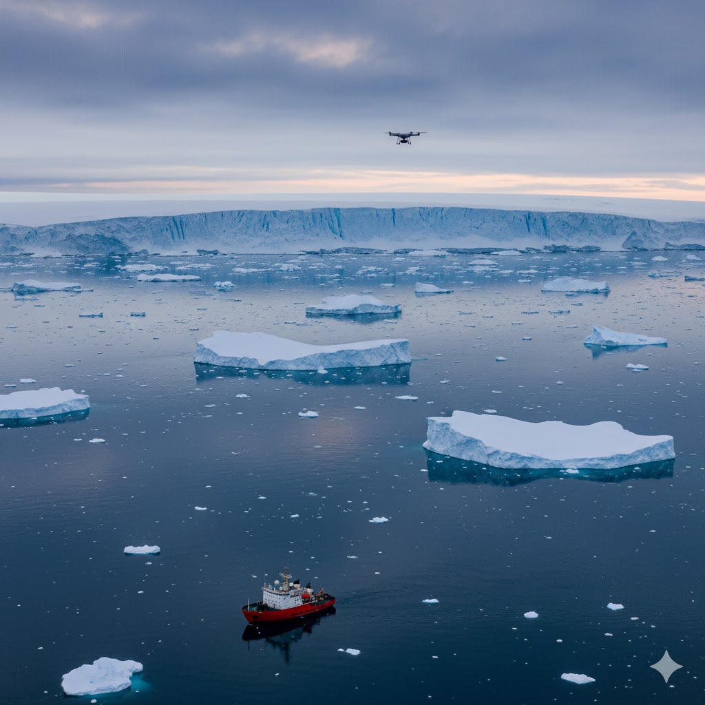Immense Ross Ice Shelf with ice cliffs and scattered bergs under polar sky. Immense Ross Ice Shelf with ice cliffs and scattered bergs under polar sky.