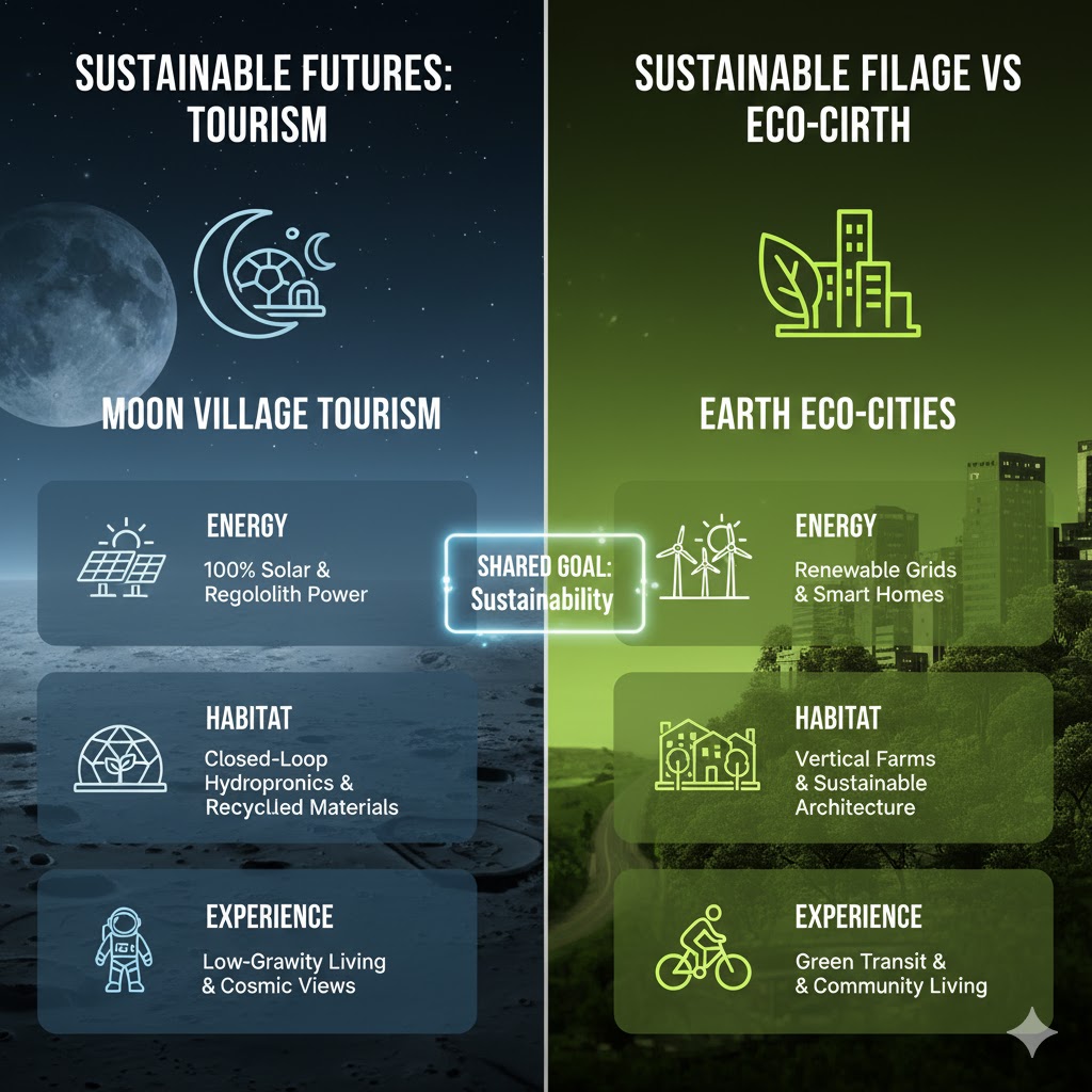 Infographic comparison of Moon Village tourism and Earth eco-cities focusing on sustainability
