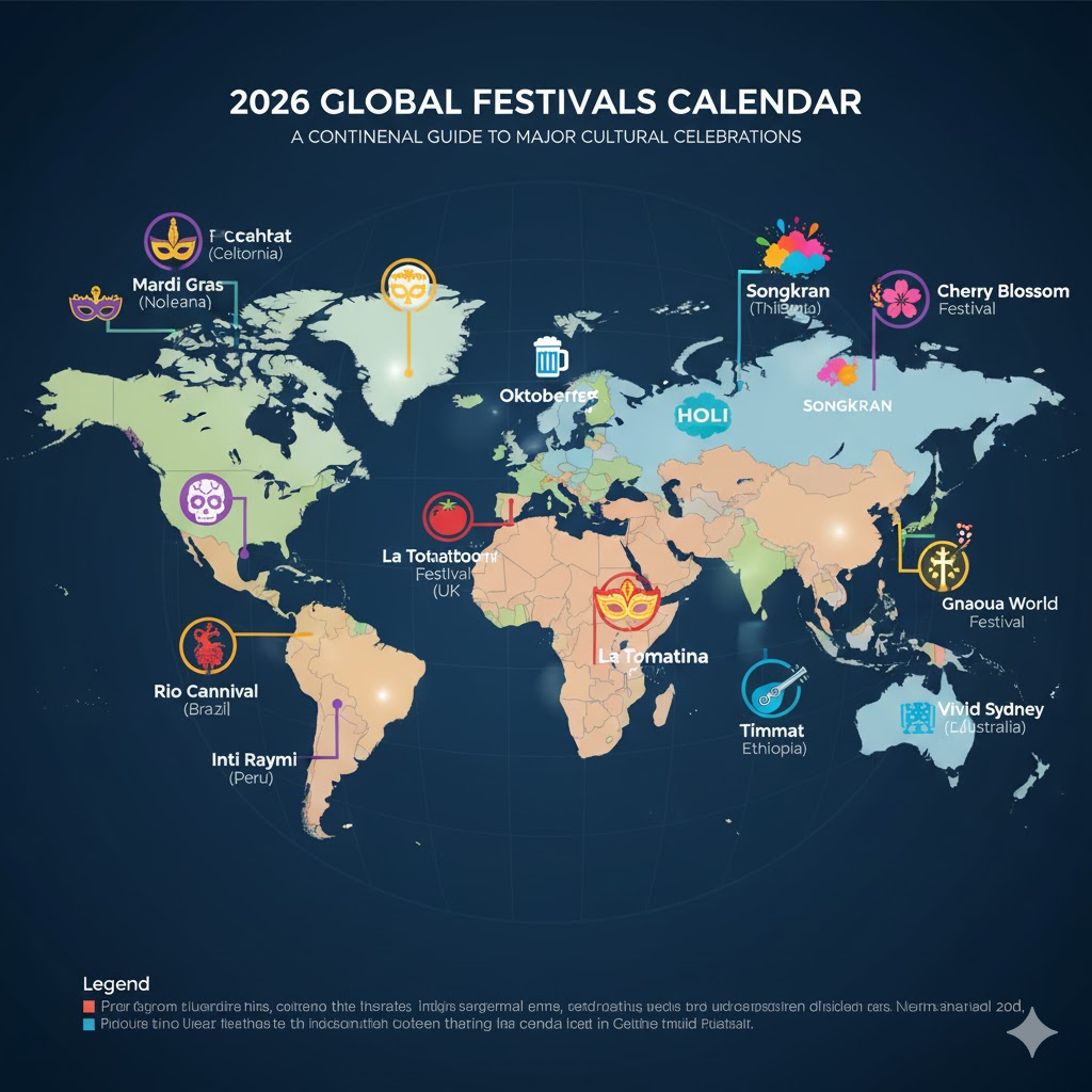 Infographic map showing major 2026 global festivals by continent