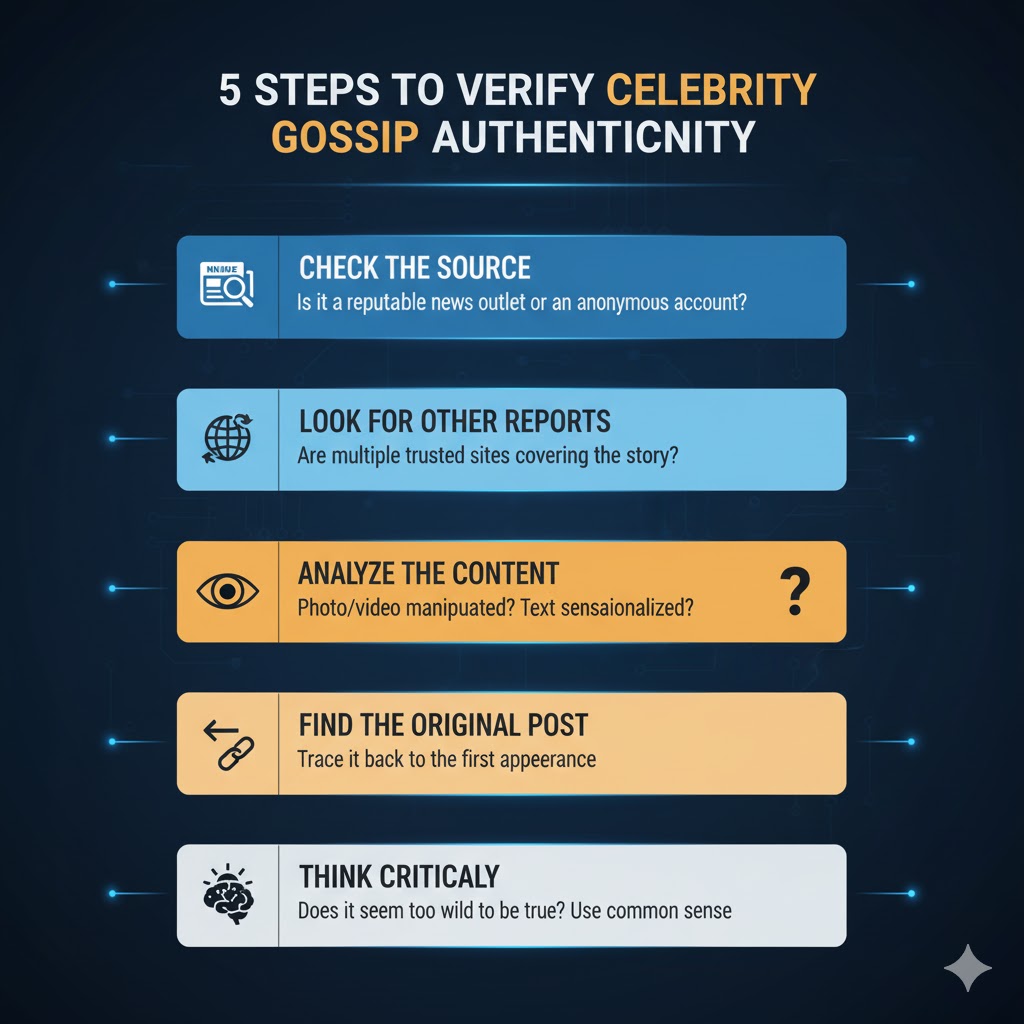Infographic showing 5 steps to verify celebrity gossip authenticity. Infographic showing 5 steps to verify celebrity gossip authenticity.