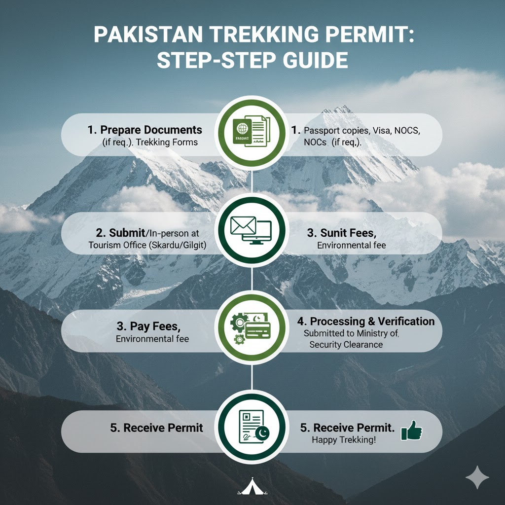 Infographic showing Pakistan trekking permit steps from application to approval