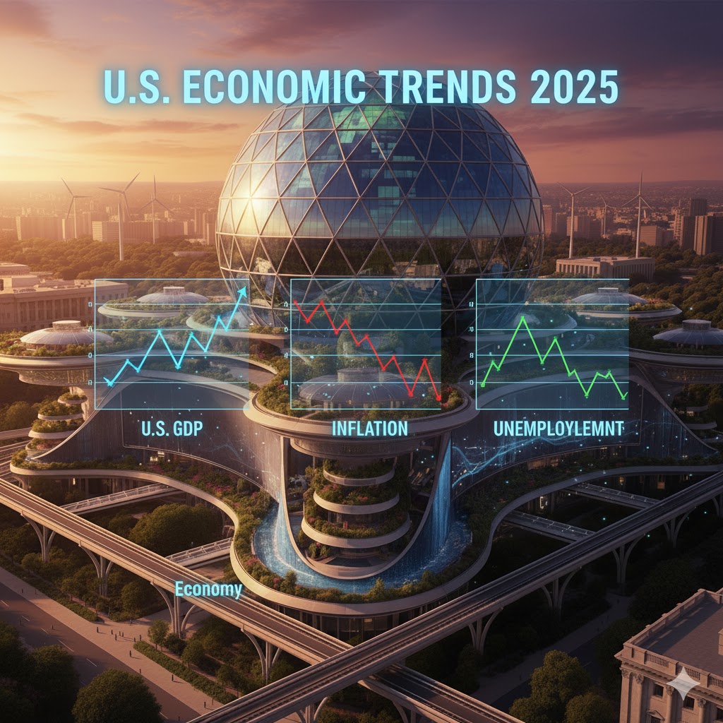 Infographic showing U.S. GDP, inflation, and unemployment trends 2025