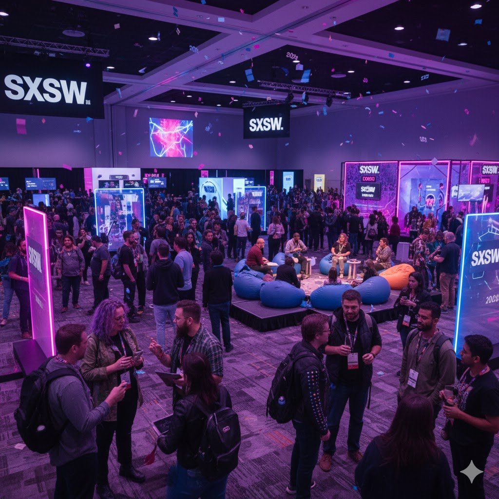 Innovators and artists sharing ideas at SXSW tech conference in Austin