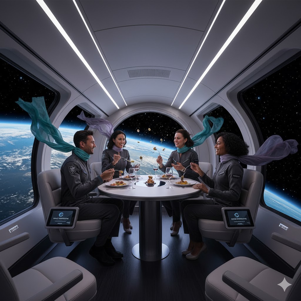 Inside Space Perspective Neptune Capsule with travelers dining in zero gravity