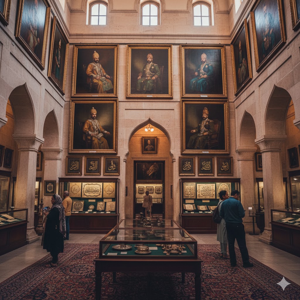 Interior of Bahawalpur Museum displaying royal portraits and Islamic calligraphy artifacts. Interior of Bahawalpur Museum displaying royal portraits and Islamic calligraphy artifacts.