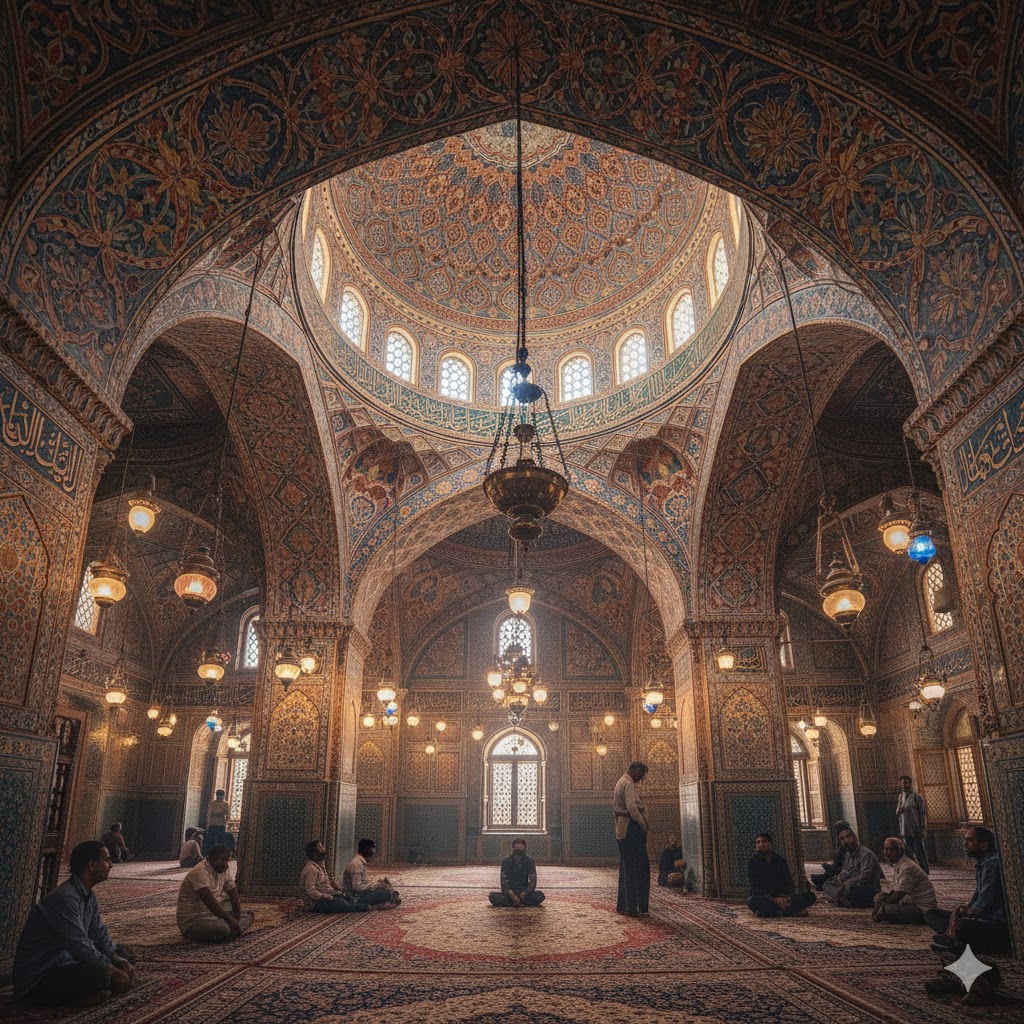 Interior of Darbar Musa Pak Shaheed showcasing hand-painted frescoes and hanging lamps.