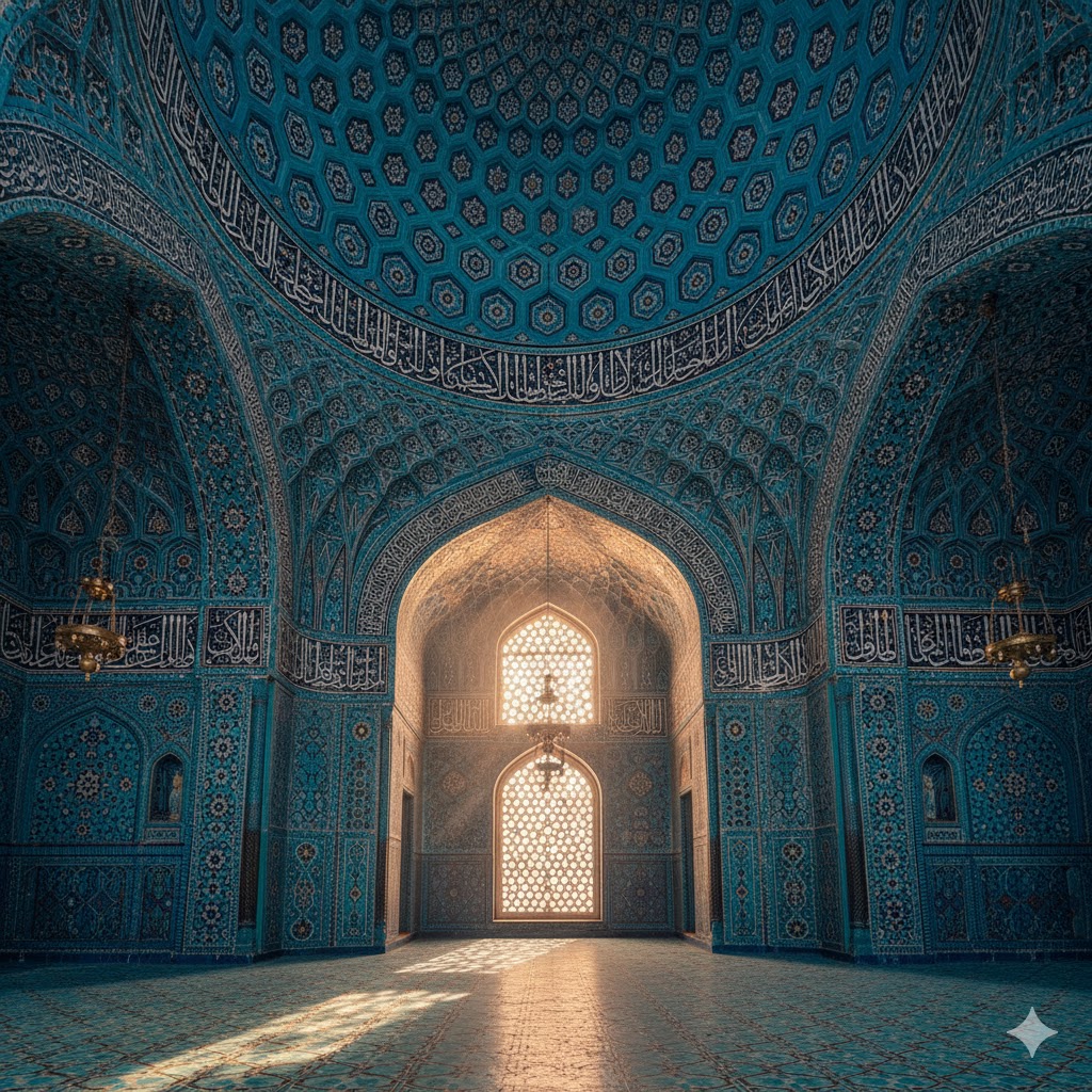Interior of Shah Jahan Mosque with blue tile work and geometric patterns illuminated by sunlight