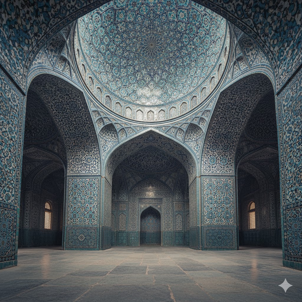 Interior of Shah Jahan Mosque with geometric blue tile designs and domed ceilings.