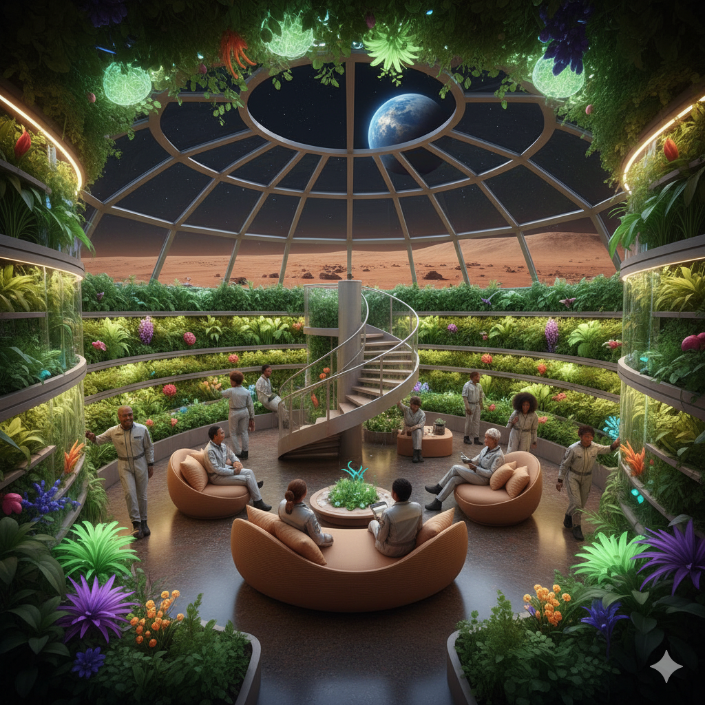 Interior of a Mars eco lodge with hydroponic walls and panoramic dome