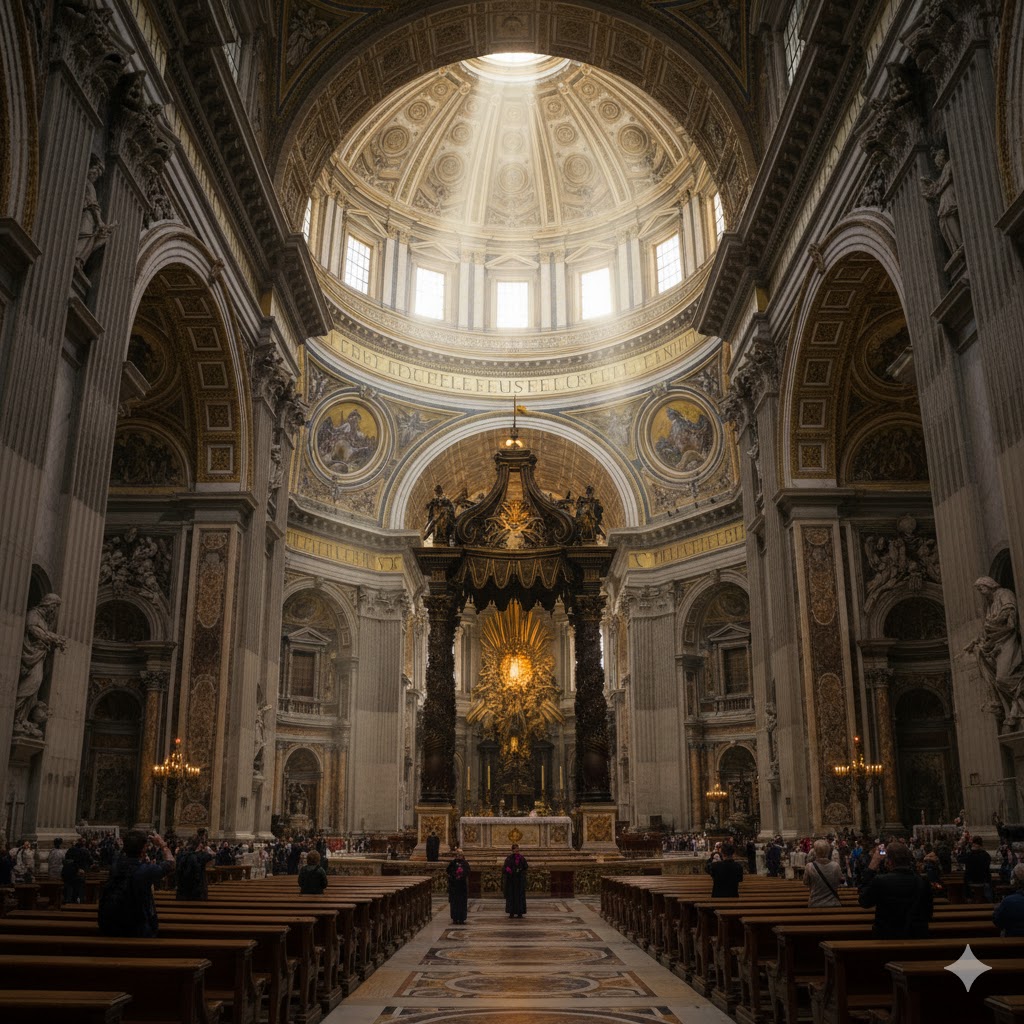 Interior view of St. Peter’s Basilica with sunlight streaming through dome, Vatican City