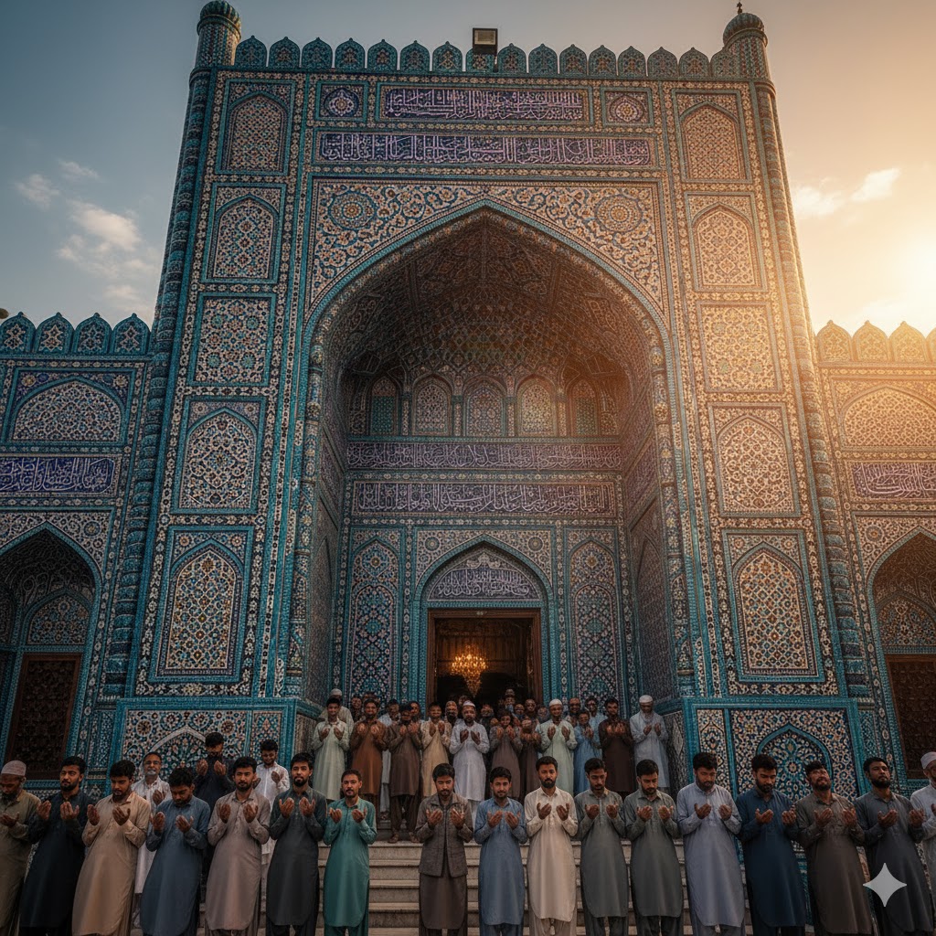 Intricate blue-tiled façade of Bahauddin Zakariya’s shrine with devotees offering prayers. Intricate blue-tiled façade of Bahauddin Zakariya’s shrine with devotees offering prayers.