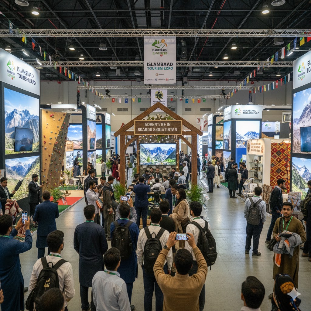 Islamabad Tourism Expo Hall with booths showcasing mountain tourism, attendees taking photos
