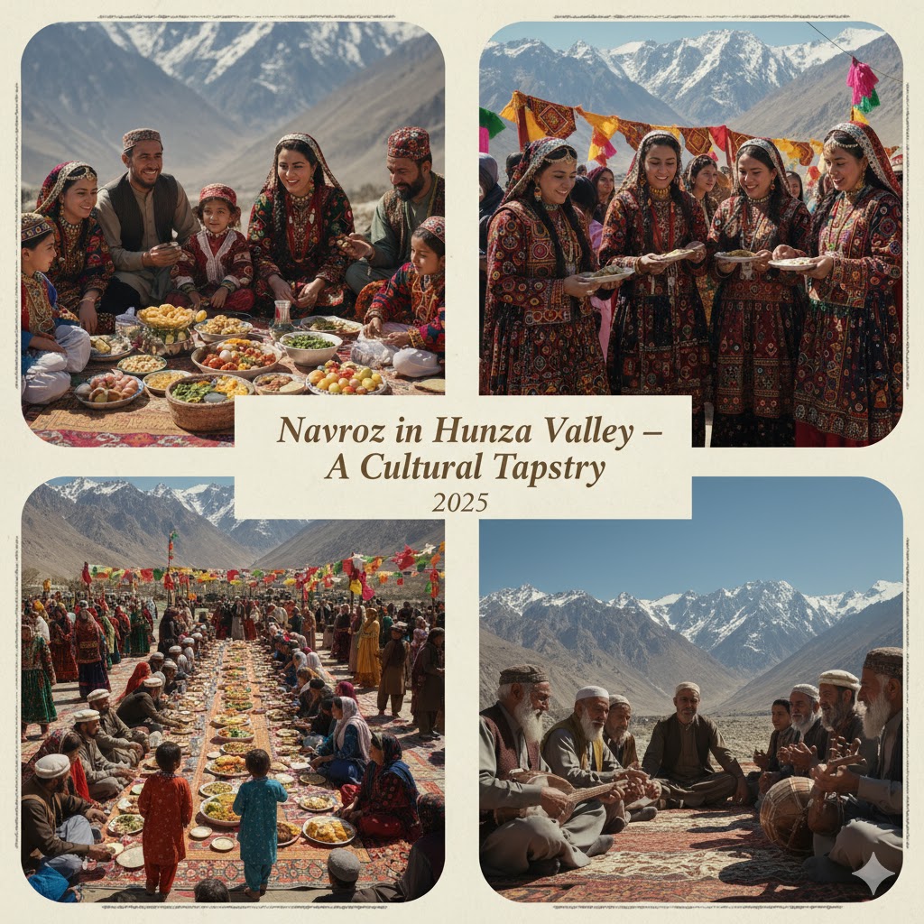 Ismaili families celebrating Navroz in Hunza Valley with traditional food and colorful clothing Ismaili families celebrating Navroz in Hunza Valley with traditional food and colorful clothing
