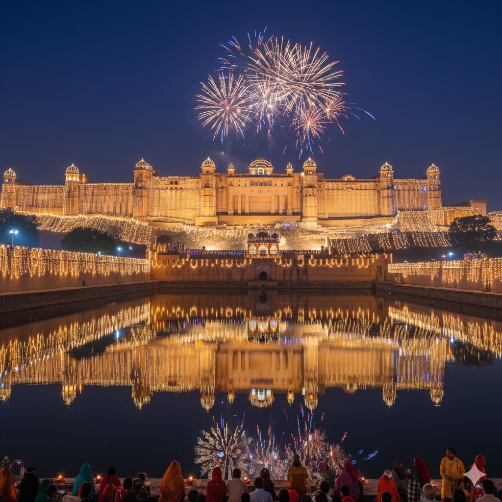 Jaipur’s Amber Fort illuminated with festive lights during Diwali celebrations