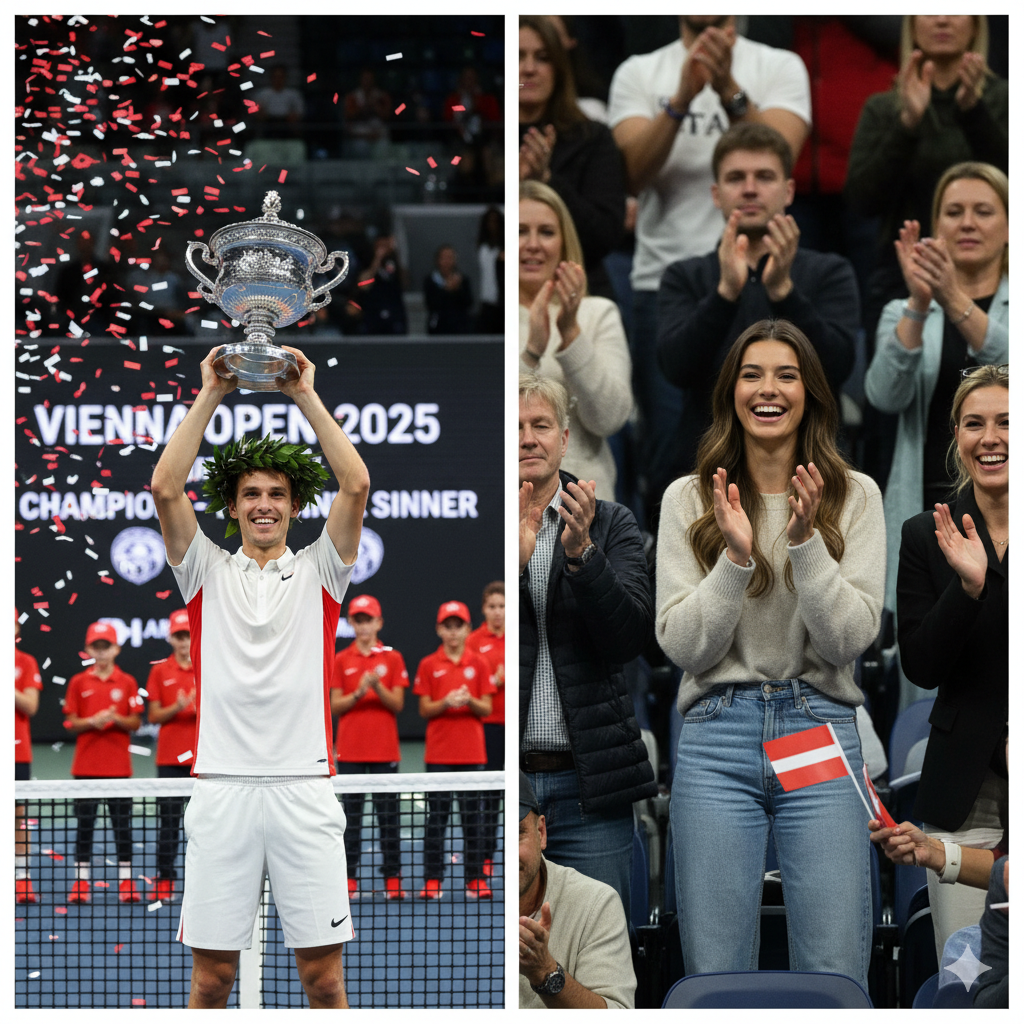 Jannik Sinner celebrates Vienna Open victory with girlfriend Laila Hasanovic watching from the stands