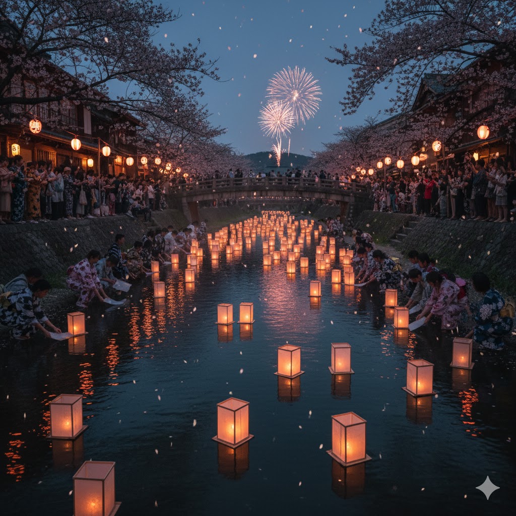 Japanese lanterns floating on river during Obon ancestral festival night