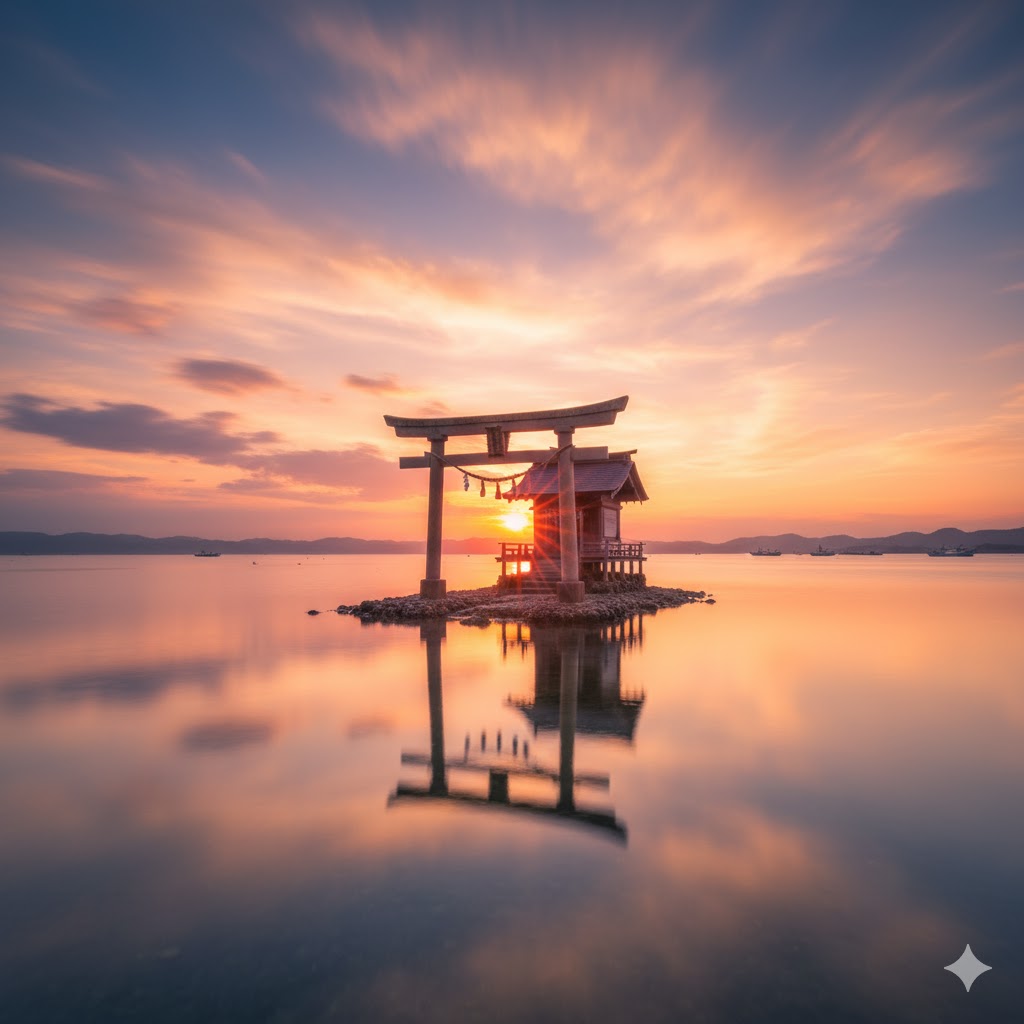 Japanese shrine standing in ocean waters during sunset on Iki Island. 