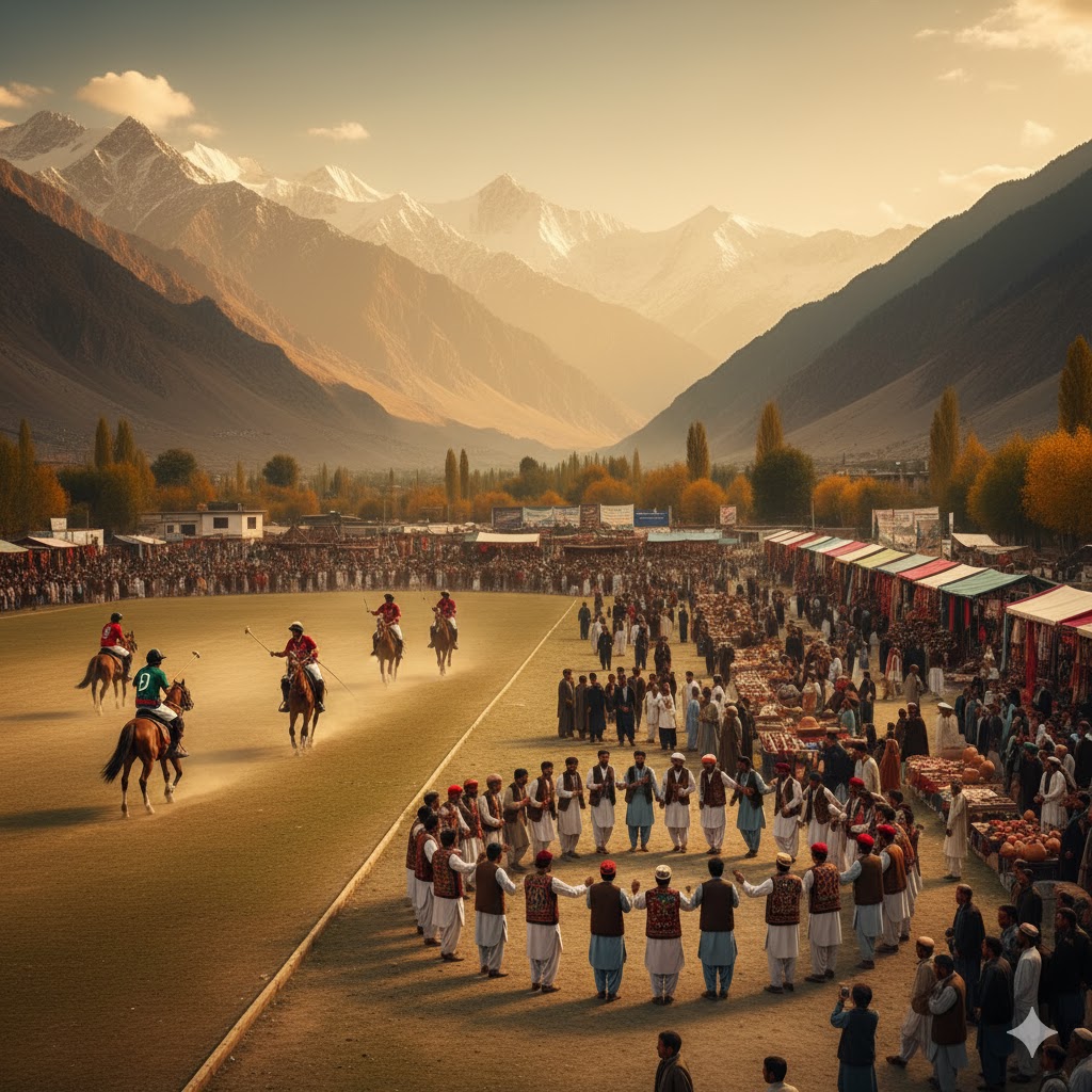 Jashan-e-Chitral with polo matches, cultural dances, and local handicraft stalls under golden autumn skies.