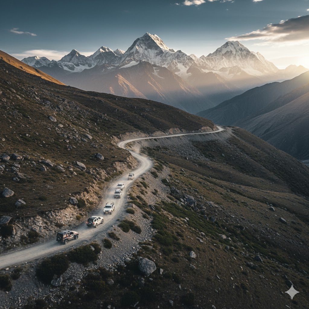 Jeep caravan ascending Ali Malik Pass with snow peaks glimmering in the distance. Jeep caravan ascending Ali Malik Pass with snow peaks glimmering in the distance.